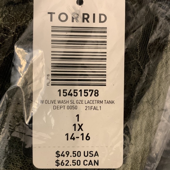 Torrid olive green lace trim gauze mineral wash tank. Super cute! NWT - Picture 5 of 6